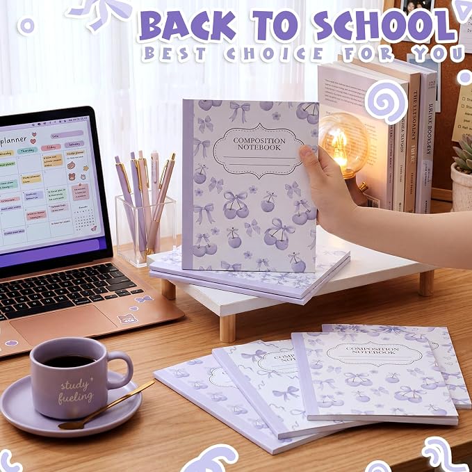 Fullhawl 6 Pack Composition Notebook College Ruled Bulk Purple Cherry Composition Notebook Aesthetic for Back to School 110 Pages 9-3/4 X7-1/2 Cute Lavender Bow Journal for First Day of School