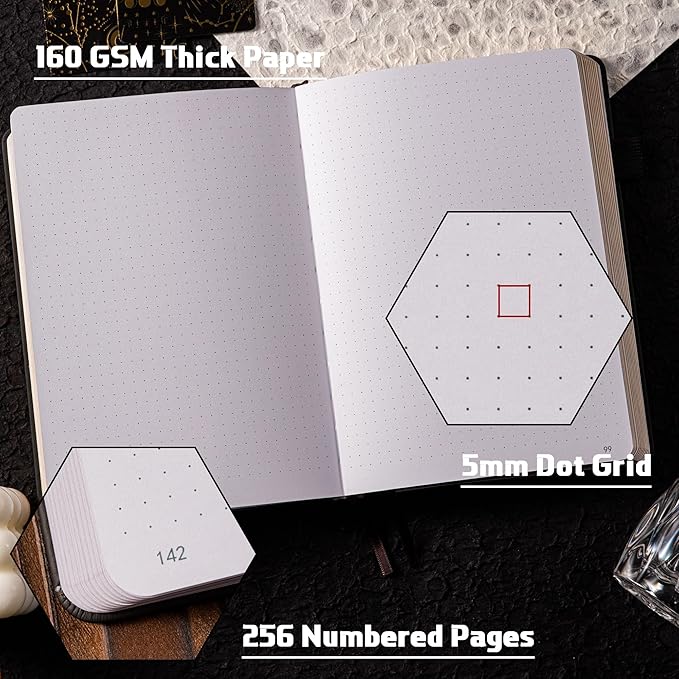 TIEFOSSI Dotted Journal Notebook, 160gsm 190 Numbered Thick Paper, A5 Hardcover Dotted Grid Diary for Women Men Work Writing, Journaling, Drawing, 5.8 x 8.3 in