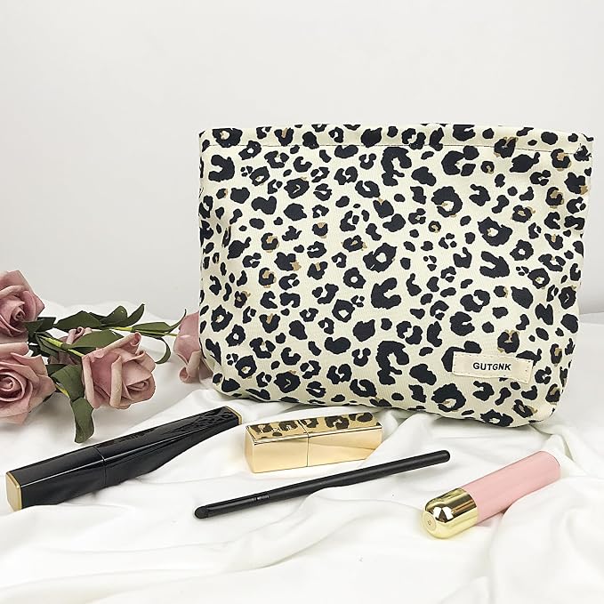 GUTGNK Corduroy Ladies Cosmetic Bag, Large Capacity Canvas Cosmetic Bag Travel Toiletry Bag Accessories Organizer, Black Spot Leopard Print