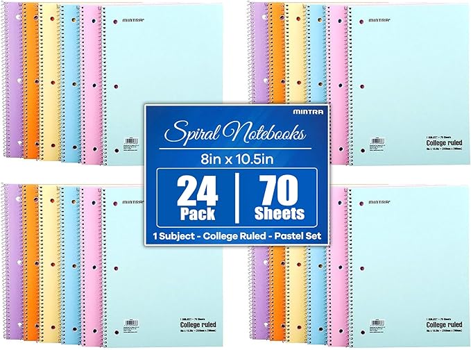 Mintra Office Spiral Notebooks Set - Pastel Colors, College Ruled, Journals for School, Work, Business, Aesthetic Stationery, Writing Pad, Teacher & Student Supplies, 70 Sheets Each, 24-Pack