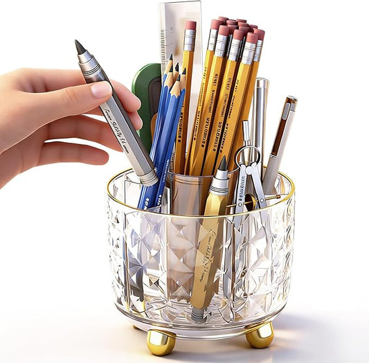 GOTOBA 360° Rotating Pencil Holder for Desk, Makeup Brush Holder with 6 Slots, Desk Organizer for Writing Utensil, Office and School Supplies (Transparent)