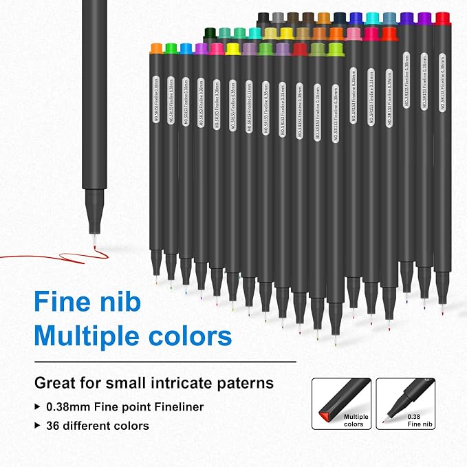 Sipa 36 Colored Fineliner Pens for Journaling, 0.38mm Fine Point Tip