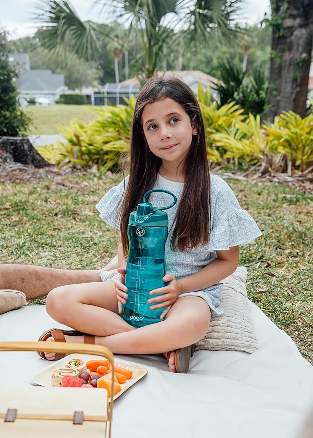 Pogo 64oz Plastic Water Bottle with Leak-Proof Chug Lid and Carry Handle, Reusable, BPA Free, Capacity Markings, Dishwasher Safe, Perfect for Travel, School, Outdoors, and Gym, Teal