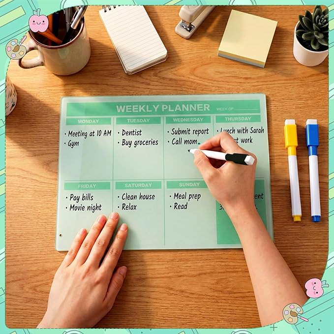 Desktop Acrylic Weekly Planner Board Acrylic Calendar Dry Erase Board with Stand to Do List Planner Boards with Daily Schedule and Markers for Family Home Office(Sage Green)