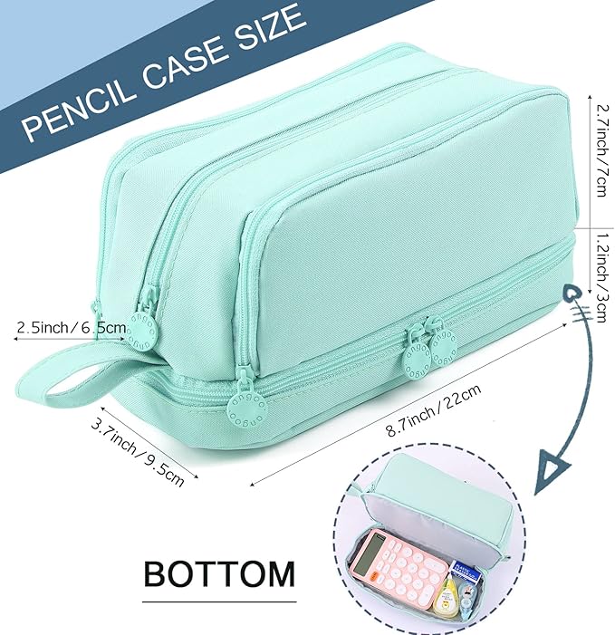 Large Capacity Pencil Case 4 Compartments, Pencil Pouch Bag with Zipper Portable Handle, Pen Case Bag Stationery Organizer for Office College School Adults Teen Girls Boys Men Women, Light Green