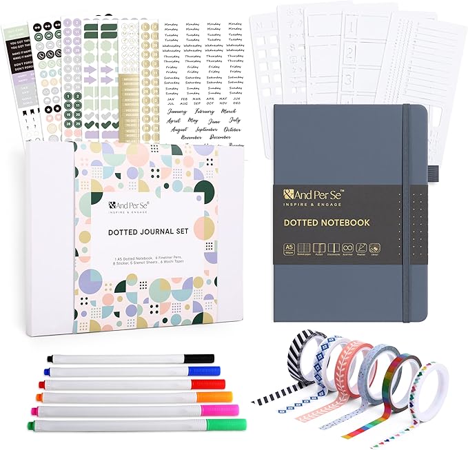 &And Per Se Journaling Supplies – Journaling Kit with Dotted Notebook, Stencils, Stickers, Washi Tapes & Colored Pens for Beginners (Dark Blue)