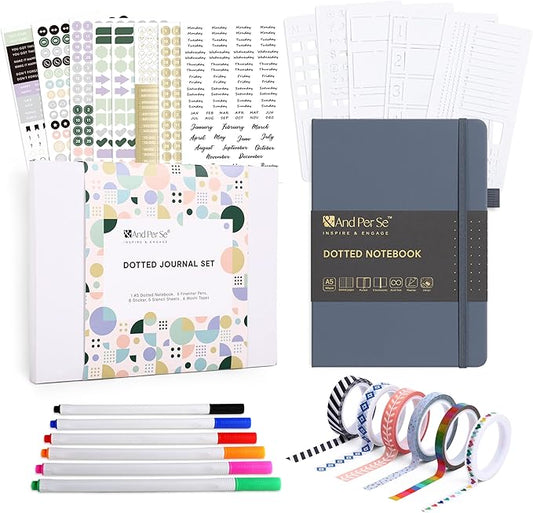 &And Per Se Journaling Supplies – Journaling Kit with Dotted Notebook, Stencils, Stickers, Washi Tapes & Colored Pens for Beginners (Dark Blue)