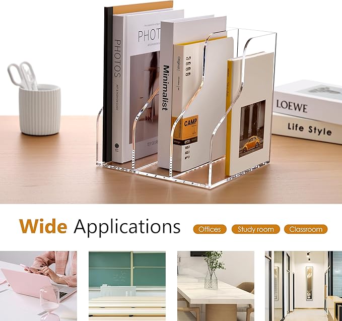 SANRUI Acrylic File Organizer, Clear Magazine File Holder with 3 Vertical Compartments, Desk Organizer for Home School Office Organization, Desk Bookshelf