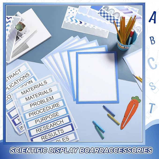 Fuyoooo 90 Pcs Science Fair Board Supplies 60 Trim Scalloped Bulletin Board Borders 24 Presentation Board Subtitles 6 Science Fair Titles for Classroom Display Boards (Blue Boho)