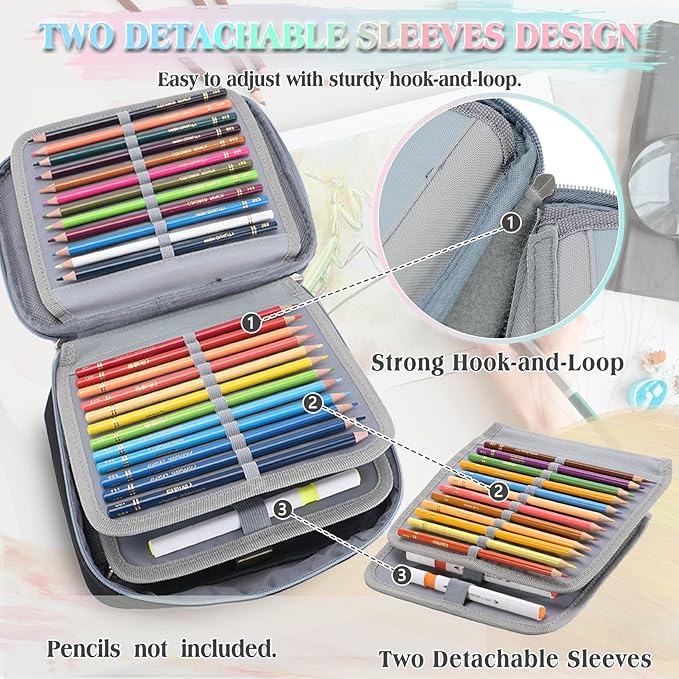 Large Pen Pencil Case,VONXURY High Capacity Art Colored Pencil Pouch Portable Stationery Organizer With 2 Detachable Layers 54 Slots Multiple Zipper Pockets for School Office College