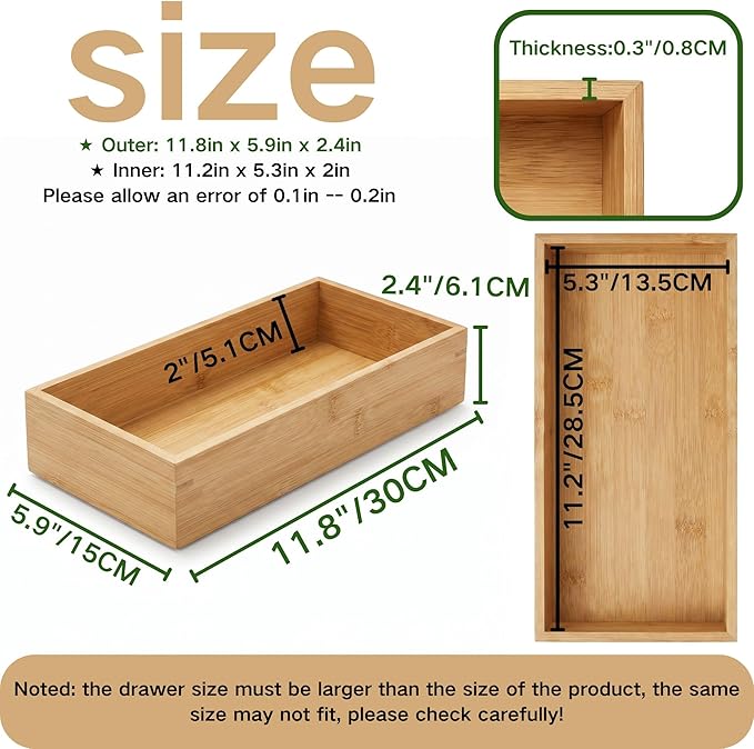 Bamboo Drawer Organizer 11.8x5.9x2.4 Inch | Rectangle Drawer Divider & Utensil Tray for Kitchen, Bathroom, Office, Makeup & Jewelry