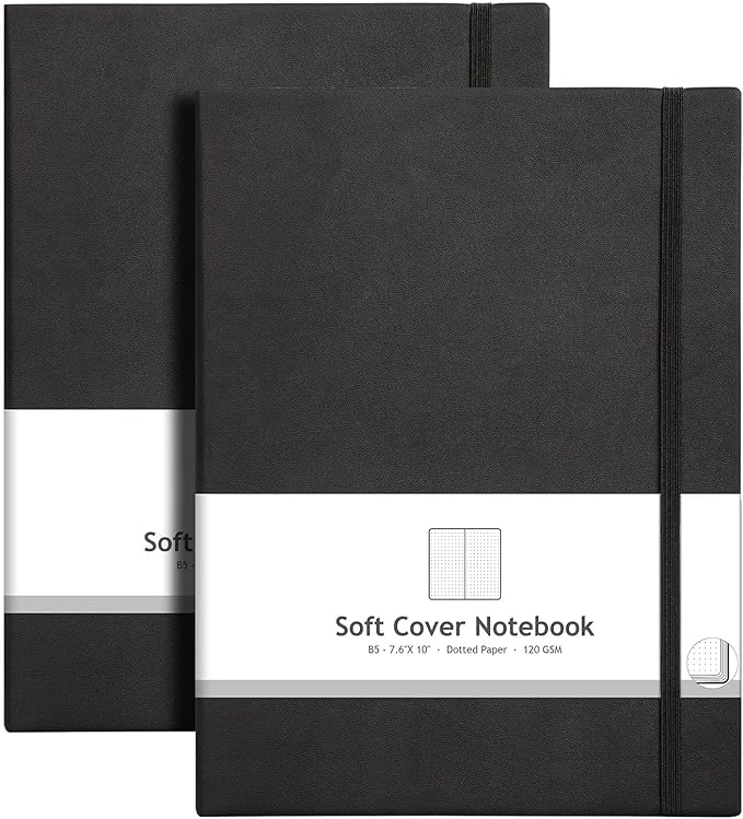 AHGXG Dotted Journal 2 Pack - B5 Large Journal Dot Grid Notebook (7.6'' X 10'') with Thick 120gsm Dot Paper, Soft Leather Cover, Total 384 Pages, Inner Pocket, Black Black