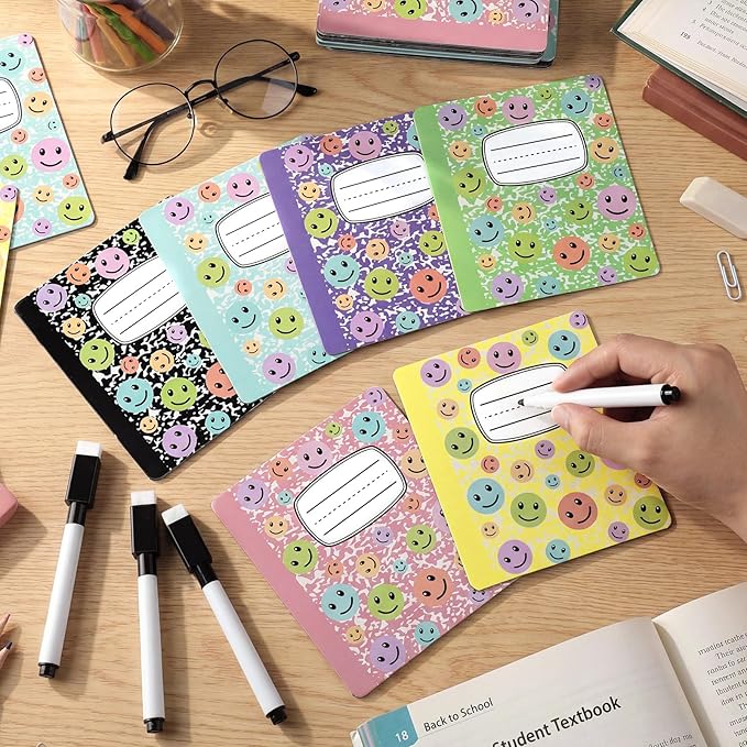 Crtiin Magnetic Name Tags for Lockers Composition Notebook Smile Face Dry Erase Labels Magnetic Reusable Name Tags for Back to School Whiteboard Classroom School Bus Locker Fridge