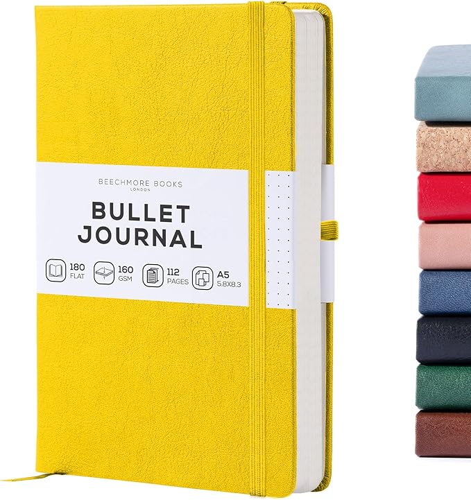 BEECHMORE BOOKS A5 Dotted Journal – 160gsm Thick Paper No-Bleed Bullet Notebook – Hardcover Dot Grid Logbook with Presentation Gift Box – Vegan Leather Sketchbook for Artists & Professionals