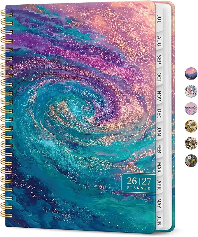 Planner 2026–2027, Academic Monthly Weekly Spiral Calendar, July 2026 – June 2027, Hardcover Agenda Notebook with Tabs, 6.3" x 8.5", Perfect for Students, Teachers, School & Daily Planning - Galaxy Flow