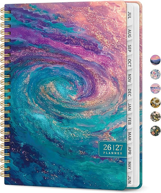 Planner 2026–2027, Academic Monthly Weekly Spiral Calendar, July 2026 – June 2027, Hardcover Agenda Notebook with Tabs, 6.3" x 8.5", Perfect for Students, Teachers, School & Daily Planning - Galaxy Flow