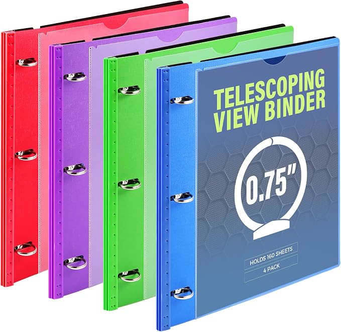 WOT I 4-Pack Telescoping 3 Ring Binder(0.75"), Expandable Flexible Binder - Patented Design for Easy Portability, Holds 8.5"x11" Paper, 4 Vibrant Colors, Perfect for School, Office&Home Organization