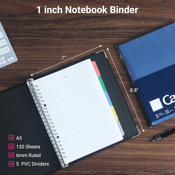 KOKUYO 5 Subject Spiral Notebook, Color Palette A5 Refillable Journal with 5 Tab Dividers, 120 Sheets in 6mm Ruled Loose Leaf Paper, Business Black