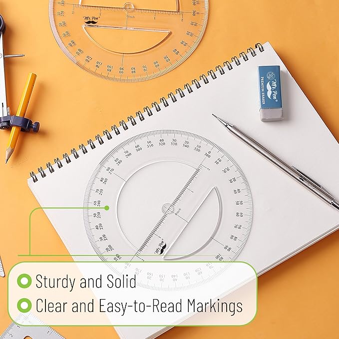Mr. Pen- 360 Degree Protractor, 6 Inch, 2 Pack, Clear Full-Circle Protractors for Precise Angle Measurement, Ideal for Geometry, Math Class, Drafting, Engineering, and Technical Drawing