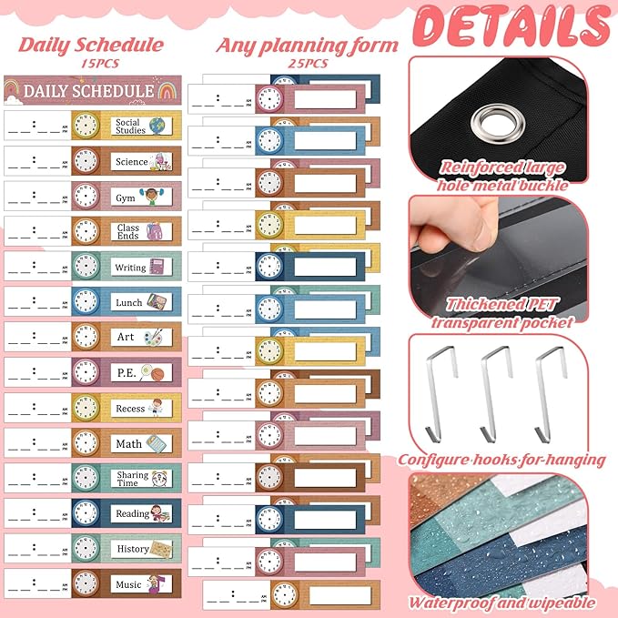 Chiisong Daily Schedule Pocket Chart, Boho 14+1 Pocket, with 40 Pcs Reusable Dry Eraser Cards Calendar for Classroom Toddler Schedule Chart Office Home Activity(Bohemian Style)