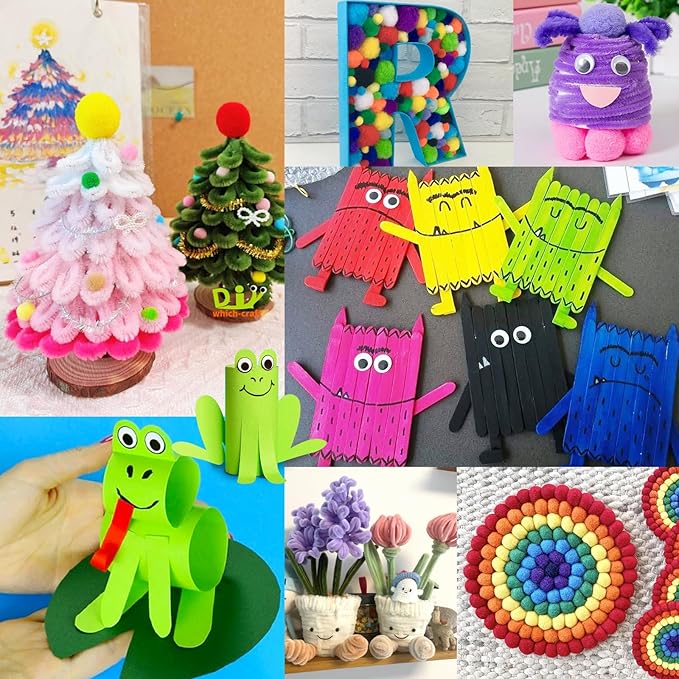 FUNZBO Arts and Crafts Supplies for Kids -Toddler Craft Kits with Glue Stick Pipe Cleaners Popsicle Stickers Construction Paper Pom Poms & Googly Eyes, Birthday Gifts for Girls Age 4+