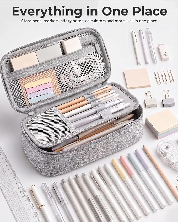 WEMATE Pencil Case, Large Capacity Pencil Pouch, Big Storage Organizer | for Stationery, Zipper Pen Bag, Travel Pen Box, Office Organizer Makeup Bag, for Men Women Light Grey