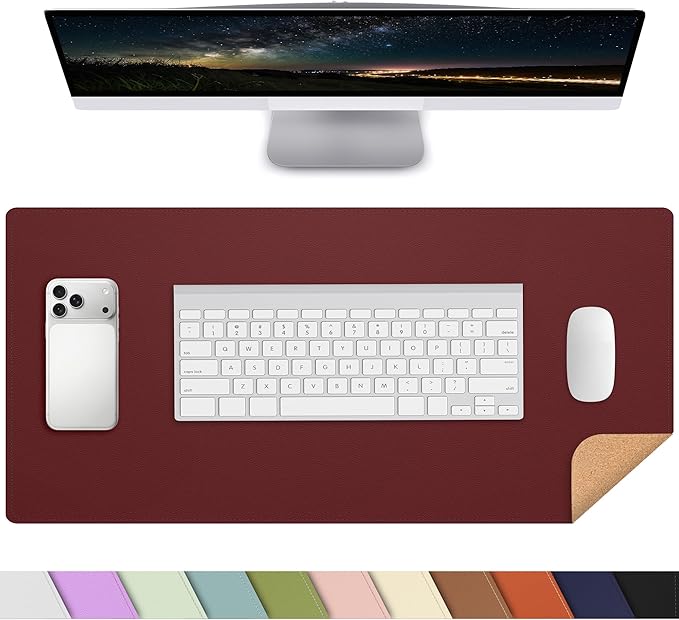 AFIING Leather Desk Pad Protector, Large Mouse Pad, Dual-Sided PU Leather & Natural Cork Desk Mat, Non-Slip Waterproof Laptop Desk Blotter for Office and Home, 23.6" x 13.7", Red