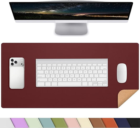 AFIING Leather Desk Pad Protector, Large Mouse Pad, Dual-Sided PU Leather & Natural Cork Desk Mat, Non-Slip Waterproof Laptop Desk Blotter for Office and Home, 23.6" x 13.7", Red