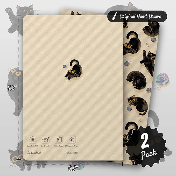 Sentudenl Stitched Composition Notebooks 2-Pack with Unique Art Designed Cover , A5 Lined Diary (8.2"L*5.5"W), Lay Flat Design, 80 Pages Office Workbooks, Thicked Paper Writes Smoothly for School and Office (Black Cats)