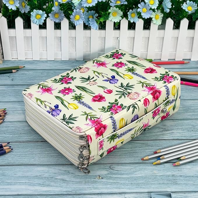 YOUNGCOL 200 Slots Colored Pencil Case Color Pencil Organizer Storage Large Capacity Pencil Case (Faint Yellow + Flower)