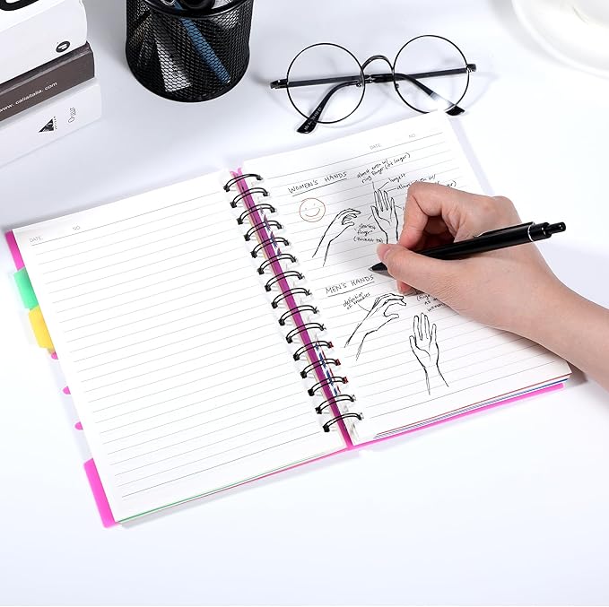 CAGIE 2 Pack 5 Subject Notebook with Dividers 220 Pages Spiral Notebooks with Tabs 6x8 A5 Spiral Bound Journal for Note Taking Work School Supplies,Pink