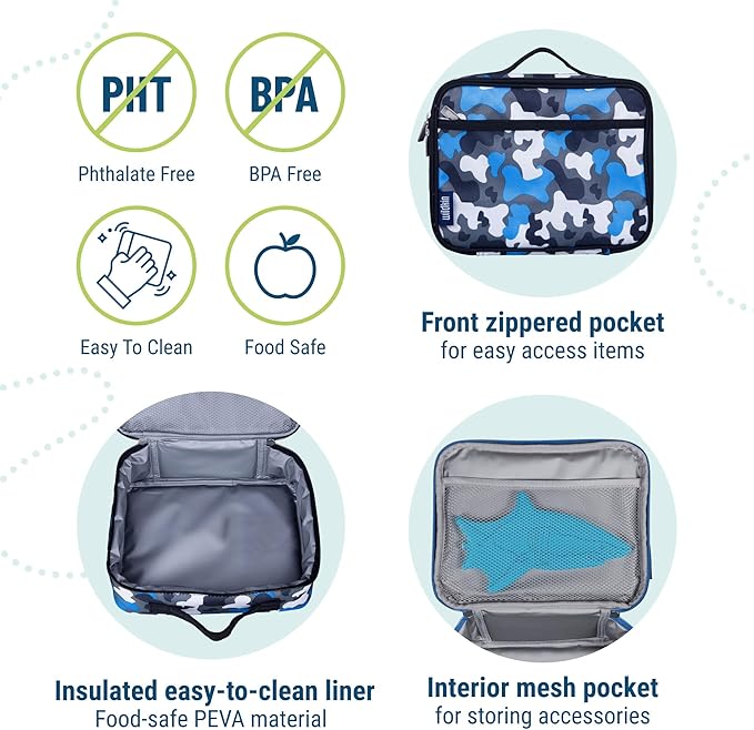 Wildkin Kids Insulated Lunch Box, Keeps Food Hot or Cold, BPA-Free with Mesh Pockets & Easy-Clean Lining – Ideal for School, Travel & Daycare – Blue Camo