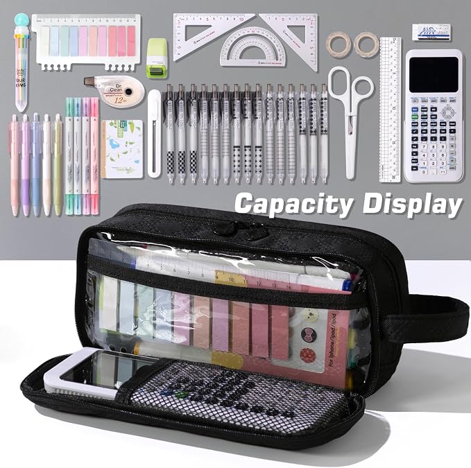 EASTHILL Large Capacity Pencil Case Cute Pencil Pouch with Handle Stationery Pen Bag for Teen Girls-Black