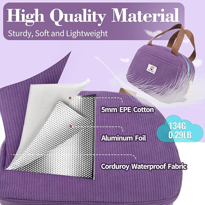 CaCTOUR Lunch Box Lunch Bag for Women Girls Teens, Cute Lunch Box Cooler Bag, Portable Small Insulated LunchBox Reusable Corduroy Lunch Tote for Work/Travel/Picnic/School (Purple)