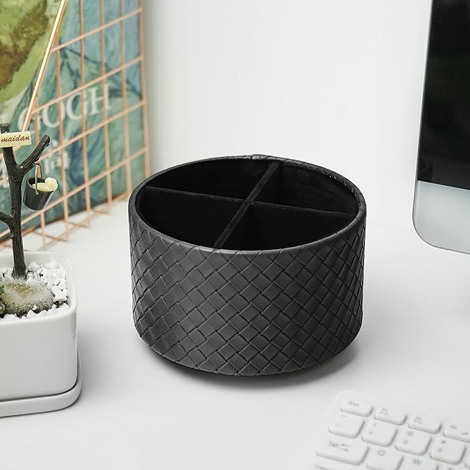 Round Leather Art Supply Organizer,Remote Control Holder,360 Degree Spinning,Multi-Functional Pencil Holder,4 Compartments Desktop Stationary Organizer(1-Weave Black)