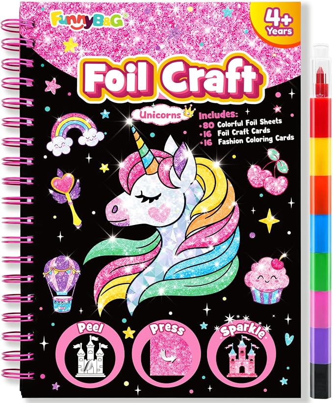FUNNYB&G Foil Art Craft Kit for Girls 4-10 Years Old: Mess-Free & No-Glue, Create 16 Sparkly Unicorns Pictures – Perfect Travel Toy & Birthday Gift for Kids（Unicorns）