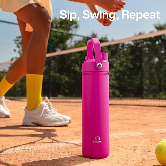 ENCOOL Insulated Water Bottle with Straw Stainless Steel Water Bottle, Leak-Proof, BPA-Free, Double Wall Vacuum Keeps Cold for 24 Hours for Sports, Travel, School (18 oz, Persian Rose)