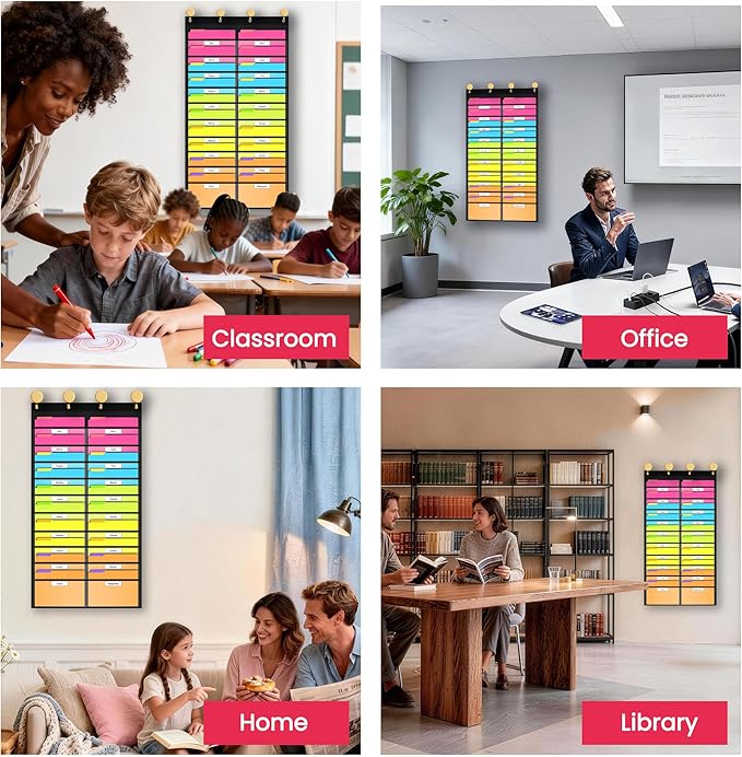 Clear Storage Pocket Chart for Classroom & Office with 20 Nametag Pockets, 4 Overdoor Hangers Included, Hanging Wall File Organizer for File Folders, Assignments, Files, Scrapbook Papers & More