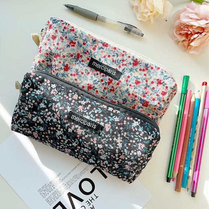 Pencil Pouch Cute Pencil Case Office Storage Bag Holder Box Organizer Aesthetic Bow Flower Pattern Makeup Pouch Cosmetic Bag for Women Girls