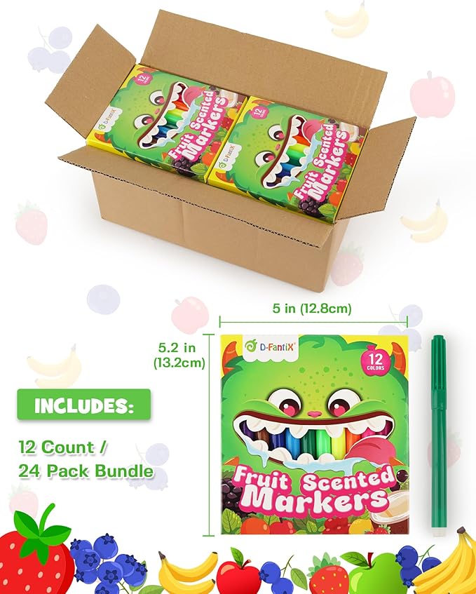 D-FantiX 24 Packs Fruit Scented Washable Markers Bulk, 288 Count Coloring Markers for Kids Party Favors, Preschool Classroom Must Haves and Rewards, Back to School Supplies for Girls Boys