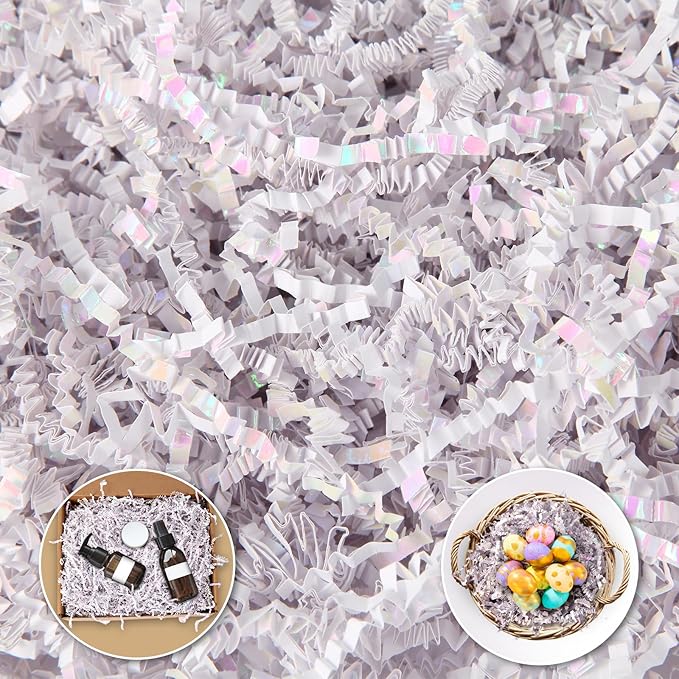 CANIYA 1 LB Iridescent Crinkle Cut Paper Shred Filler, Shredded Paper Filling for Gift Basket, Filler Paper for Birthday, Wedding, Anniversaries (Diamond White)