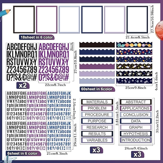 Sinload 92 Pcs Science Fair Board Supplies 60 Trim Scalloped Poster Boards 18 Presentation Subtitles 6 Project Titles 8 Letter Sticker for Classroom Display Boards (Purple,Space)