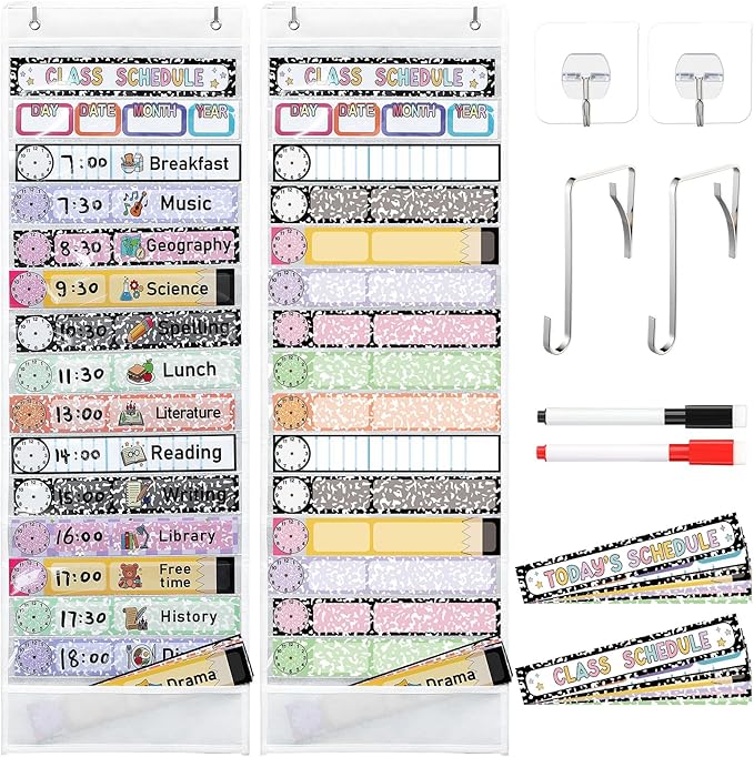 Gueevin Daily Schedule Pocket Chart for Classroom, 15+1 Pockets with 32 Pcs Double-Sided Reusable Cards Daily Schedule Pocket Chart Decor for Classroom School Home Activity Office Supplies(Mix)
