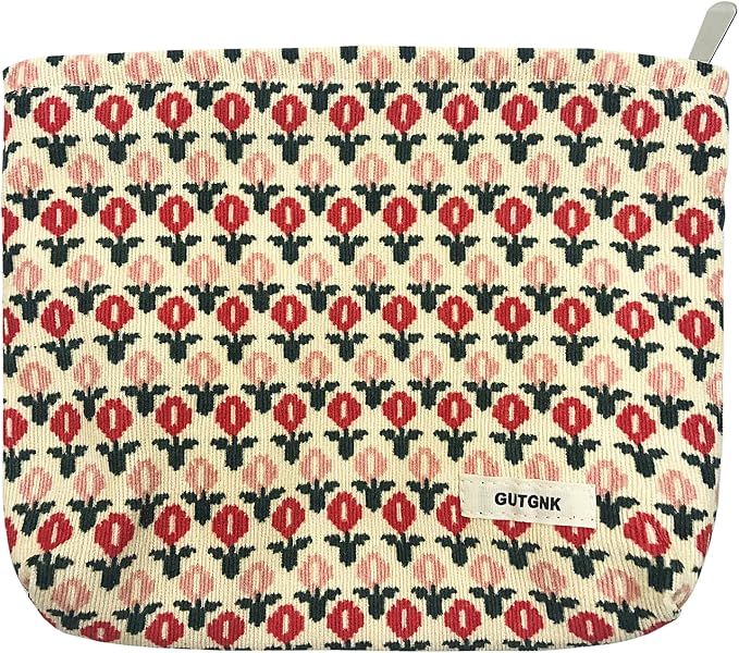 GUTGNK Corduroy Ladies Cosmetic Bag, Large Capacity Canvas Cosmetic Bag Travel Toiletry Bag Accessories Organizer, Little Red Flower