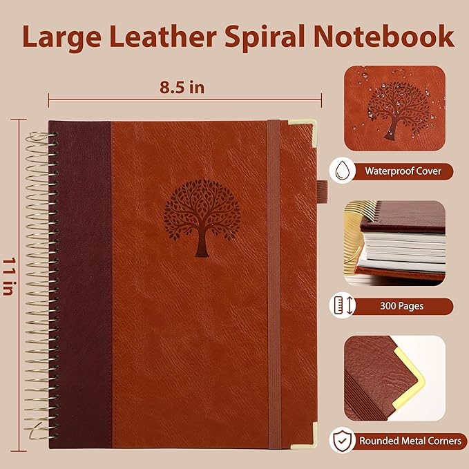 Yoment Hardcover Spiral Notebook 8.5" x 11" Leather 5 Subject Notebook College Ruled with Dividers Tabs 300 Pages Large Spiral Journal Notebooks for Work School Note-Taking Business, Brown
