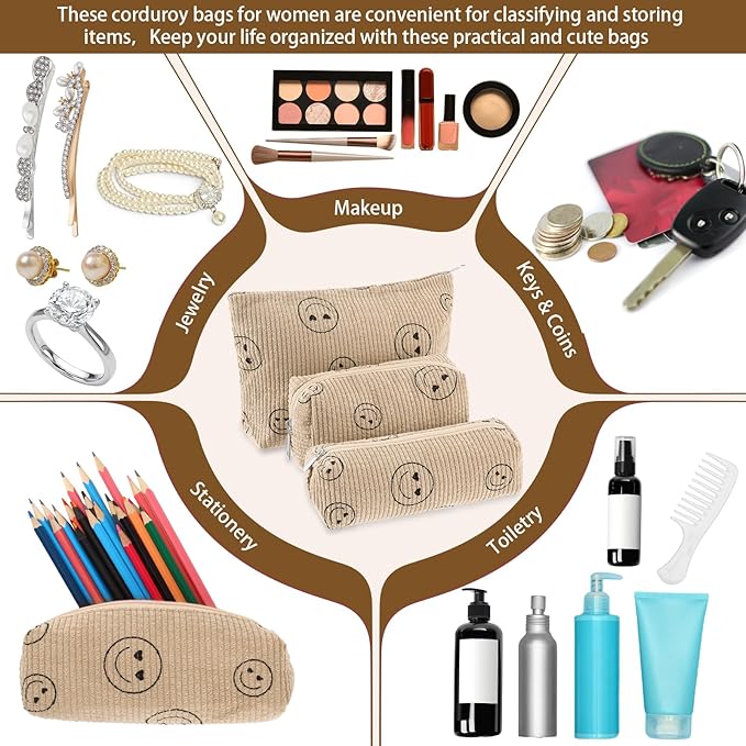 Huhumy 3 Pcs Makeup Bag Set for Women Corduroy Cosmetic Pouch Aesthetic Smile Travel Toiletry Bag Cute Purse Pouch Pencil Case Makeup Brushes Storage Organizer with Zipper(Khaki,Smile Face)