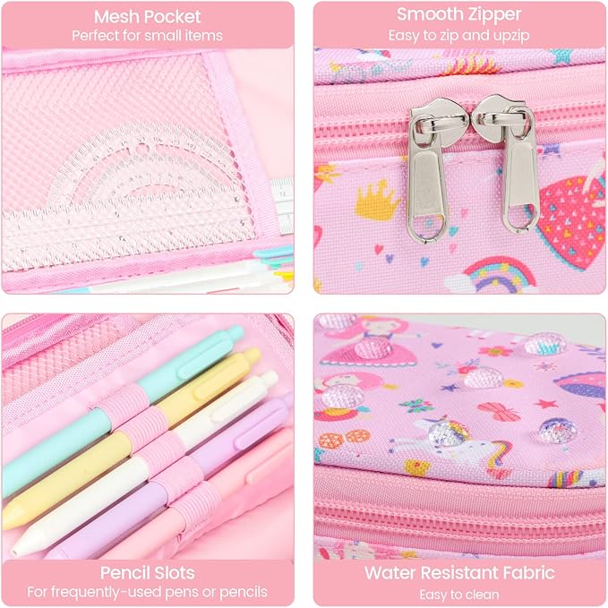Cambond Cute Pencil Case for Girls - School Pencil Pouch Kid, Pink Princess | Pencil Case for Kids Big Capacity Organizer Bag for Staionary, Aesthetic School Supplies Girls, Water-Resistent Pen Bag