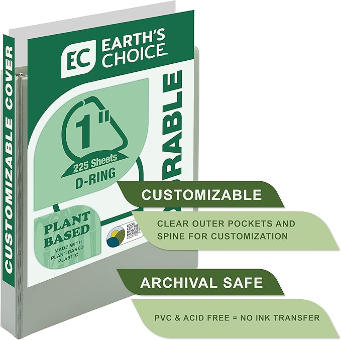 Samsill Plant Based Durable D-Ring Binders – 0.5 Inch 3 Ring Binder with 125 Sheet Capacity, Eco Friendly School and Office Supplies (Single, Sage)