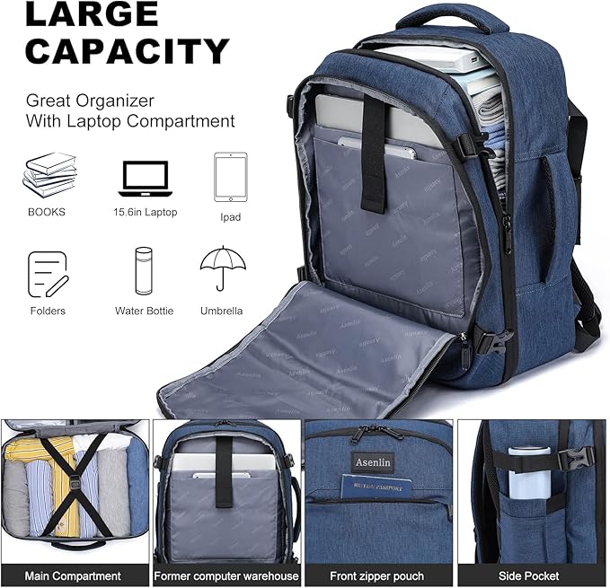 Asenlin Travel Backpack for Women Men,Flight Approved Carry On Luggage 30L Water Resistant Business Laptop Backpacks Fits TSA 15.6 Inch Computer College Weekender Outdoor Hiking-Blue