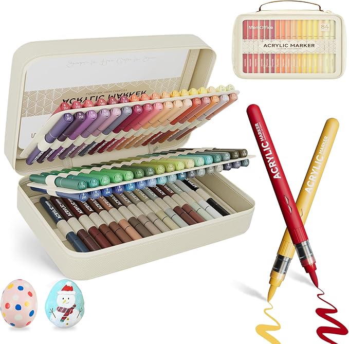 MemOffice Direct Liquid Acrylic Paint Markers, 84 Colors Brush Tip Pens with Carrying Case, No Bleed, Waterproof, for Rock, Wood, Canvas, Glass, Fabric, DIY Crafts for Adults